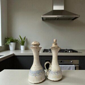 Handmade Stoneware Oil & Vinegar Cruet Set Rustic Pottery Ceramic Kitchen Decor